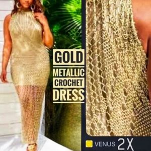 Gold Metallic Plus Crochet Dress, NWT, 2X